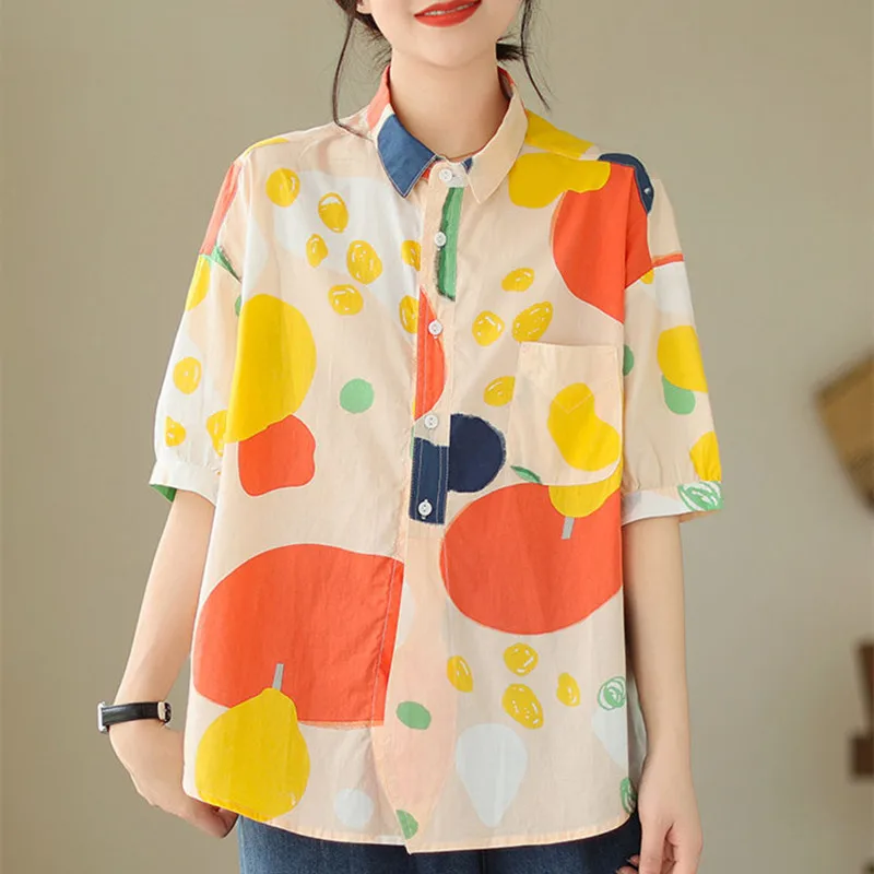 

Spring And Autumn New Turn-Down Collar Print Loose Long Sleeve Straight Women's Wear High Quality Single Breasted Shirt