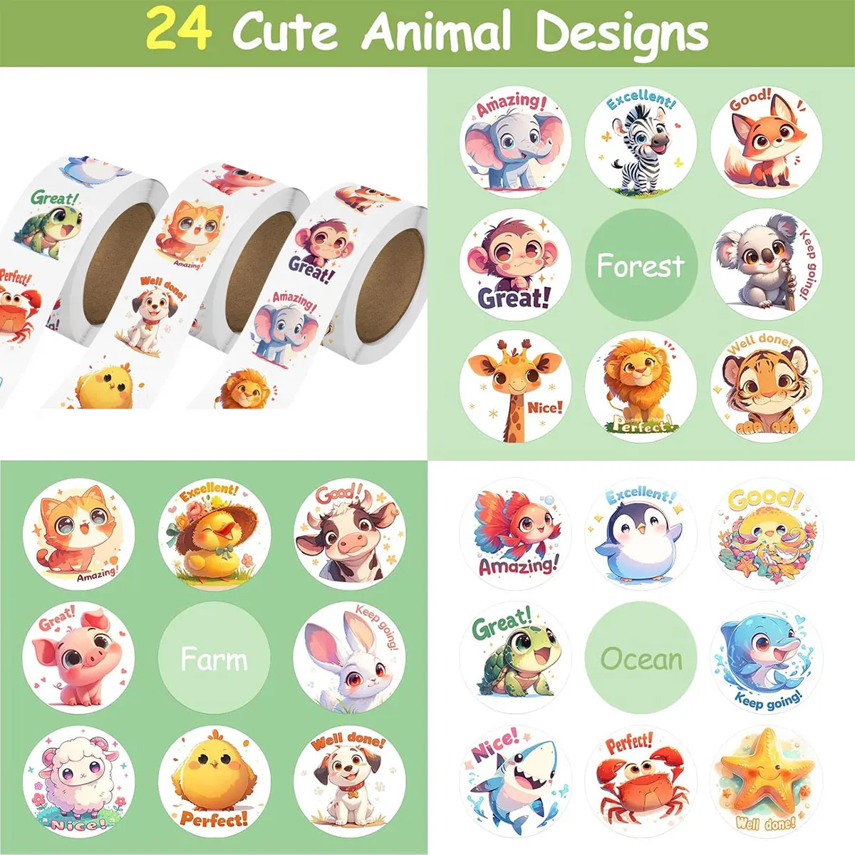1/3 Rolls Kids Stickers 500/1500pcs Bulk Cute Farm Ocean Wild Animal Stickers Motivational Words Reward Sticker School Supplies