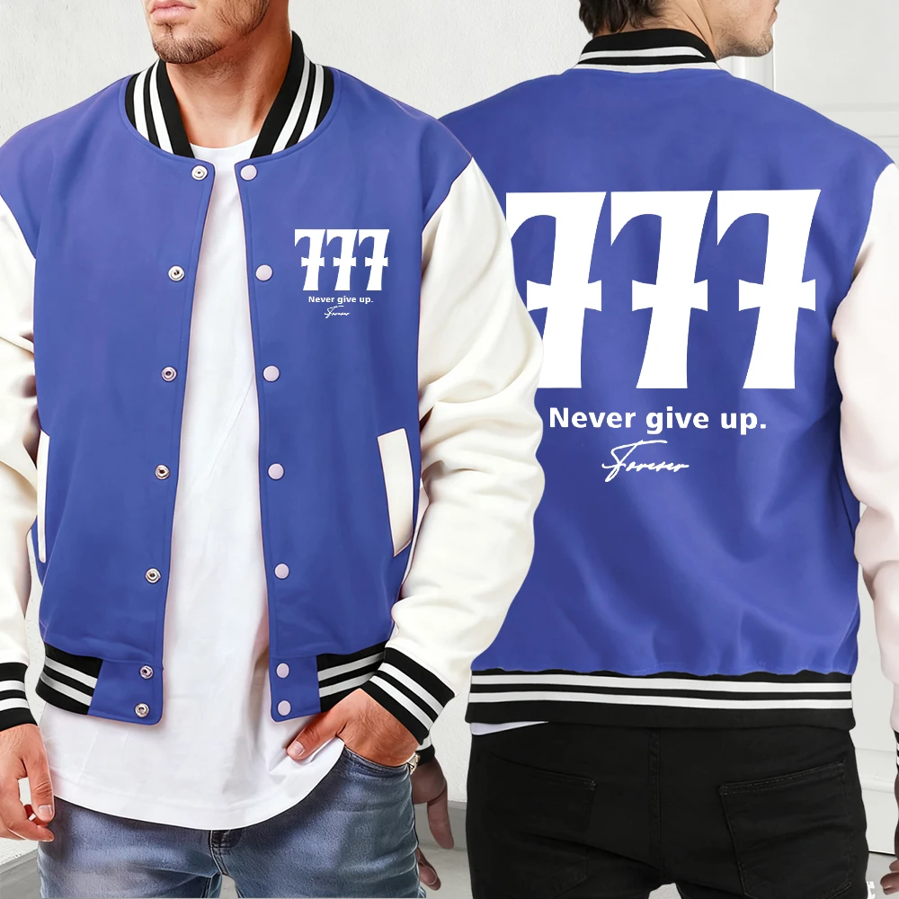

Never Give Up Number 777 Print Casual Jackets Men Basics Hip Hop Baseball Jersey Pocket Sport Winter Clothing Comfy Autumn Veste