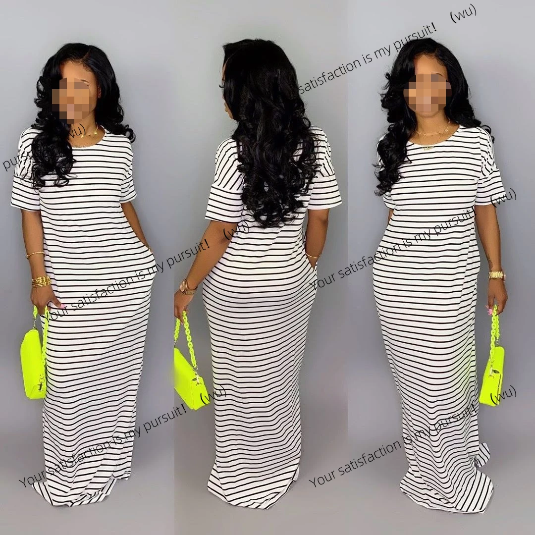 Gaun bergaris lengan pendek wanita seksi Eropa dan Amerika yang menjuntai hingga ke lantai