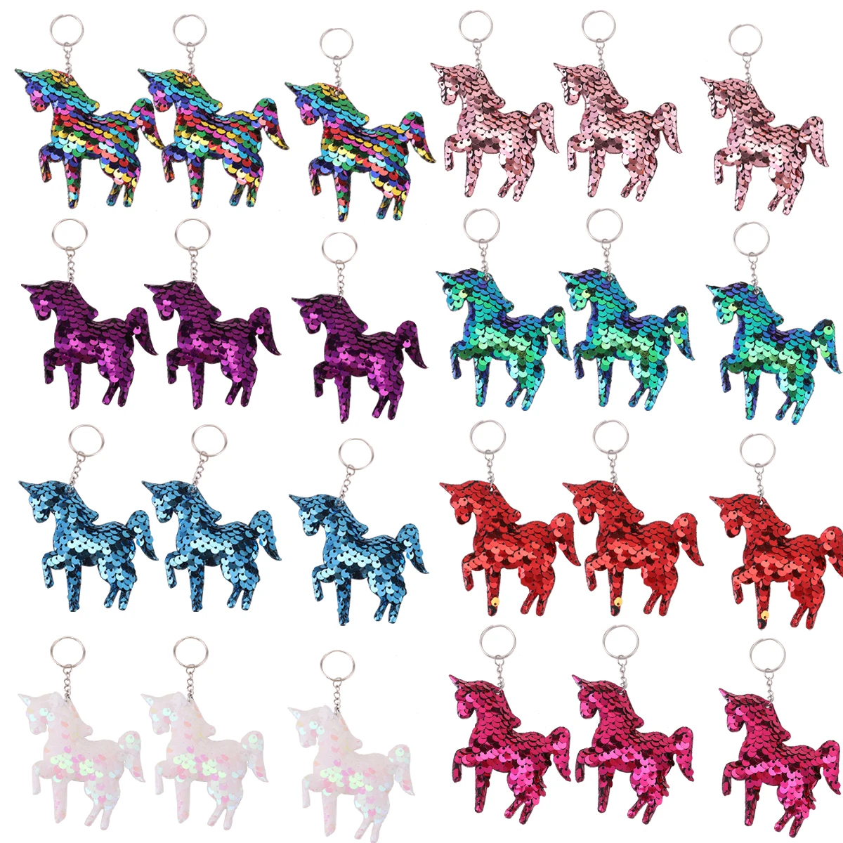 24Pcs Cartoon Sequin Keychains, Glittering Double-Sided Horse Shape Keyrings, Perfect For Birthday Party Favors, Bag Accessories