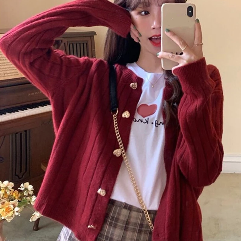 

Fashion Sweet Buttons Knitted Cardigan Women Sweater Loose Simple Short Sweaters Korean Style Office Casual Pit Striped Coats