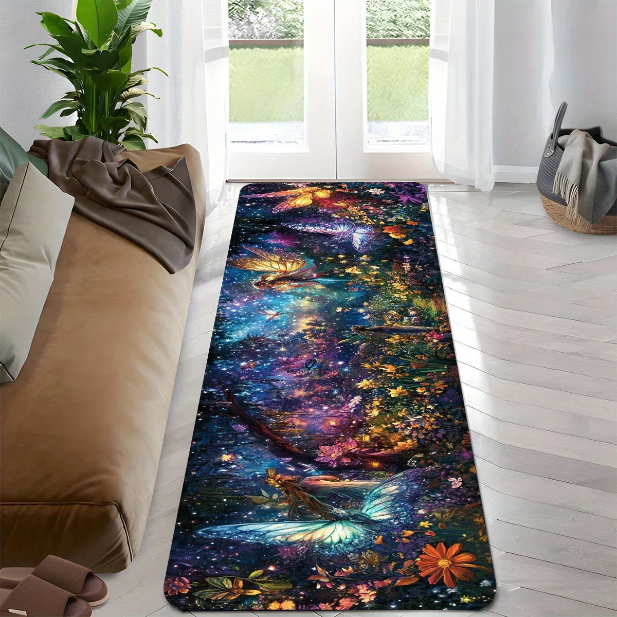 Starry Sky Fantasy Runner Mat Anti Slip Washable Dark Galaxy Fairy Sunflower Butterfly Glitter Decor Rug for Kitchen Bedroom
