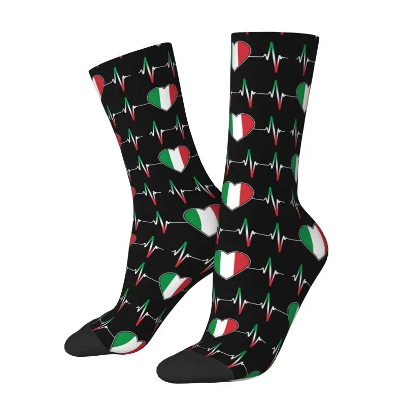 Fun Printed Italian Heartbeat Italy Flag Socks for Women Men Stretchy Summer Autumn Winter Crew Socks