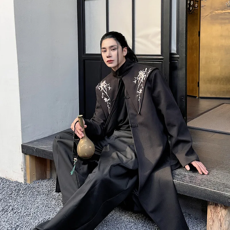 

Новое мужское шерстяное пальто в китайском стиле на осень-зиму с вышивкой в виде облаков, ретро-дизайн, средней длины, в стиле «Меч-герой»