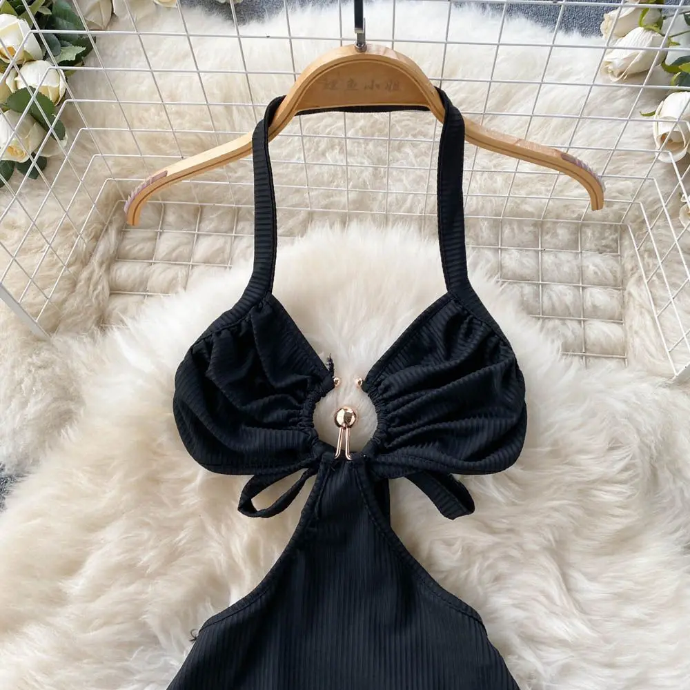 TZTOOZ  Sensual Camis Female Dress French Sleeveless Lace Up Sheath Dress 2023 Women Slim Short Halter Backless Sexy Dress