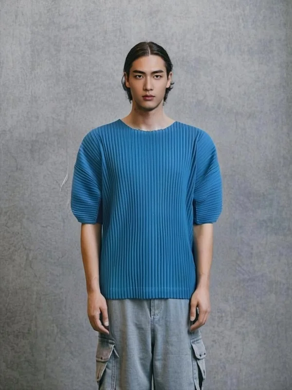 

Miyake Pleated Spring Summer T-shirt 2025 New Men's Round Neck Short Sleeved Top Loose Casual Five Quarter Sleeve Solid Color