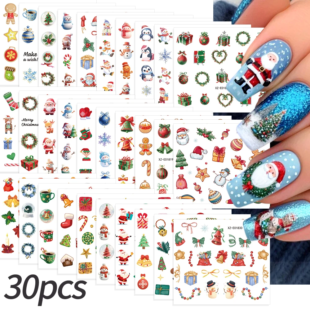 30 個 3D 漫画クリスマスネイルステッカーサンタクロース雪だるま雪の結晶ヘラジカクリスマスツリーネイルデカール冬ネイルアートデコレーション 1