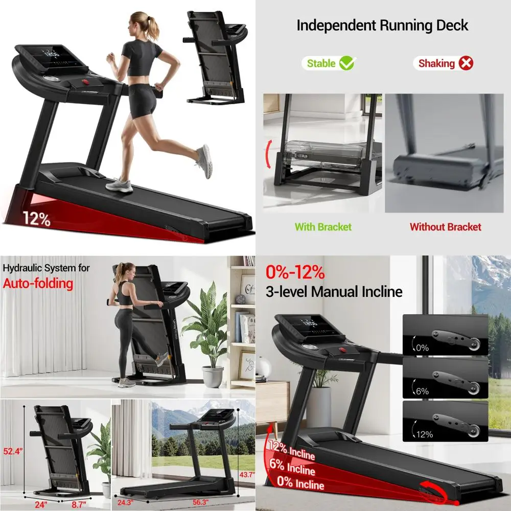 جهاز سير مائل قابل للطي للاستخدام المنزلي مع أجهزة استشعار النبض، محرك هادئ 3.0 حصان، يدعم ما يصل إلى 300 رطل، متوفر باللون الأسود أو Gra