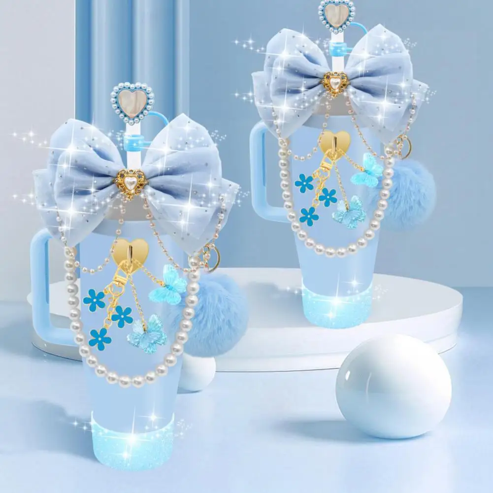 Cup Cover Portable Cup Carrier Set of Sparkling Rhinestone Cup Sleeves with Bowknot Plush Ball Faux Pearl Lanyard Silicone
