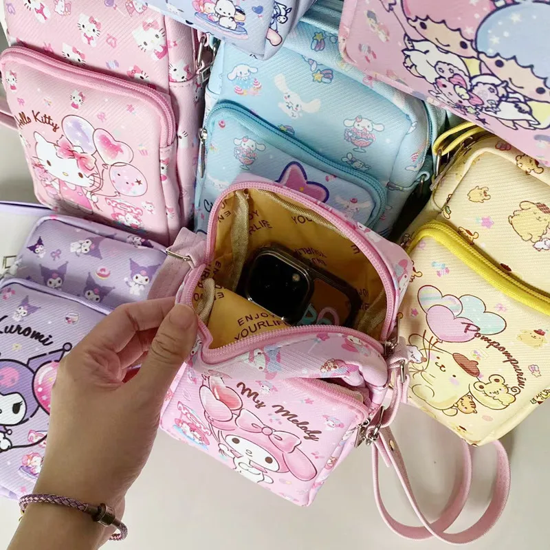 Sanrio Crossbody Bag Hello Kitty Cinnamoroll Kuromi Protable Shoulder Case Large Storage Pu Student Waterproof Case Girls Gift