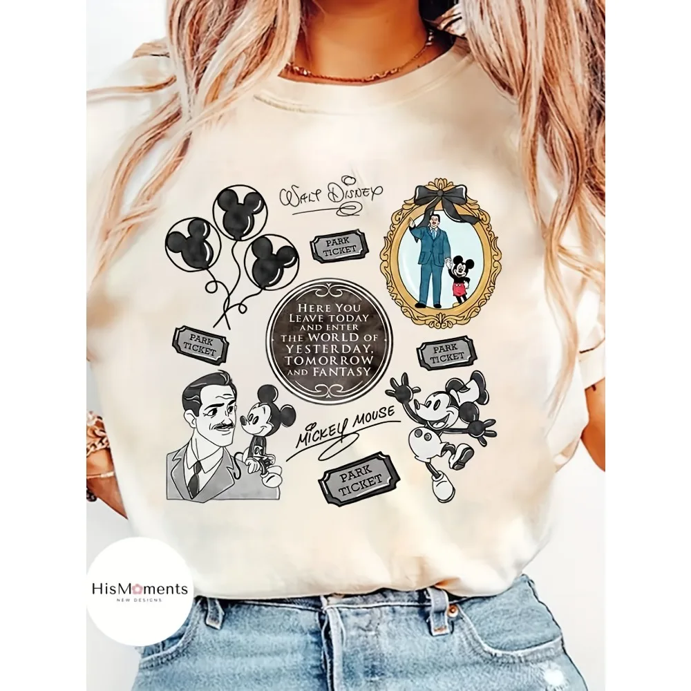 Disney Retro Playful Bow Magic Kingdom T-shirt (loose fit) All-season cotton streetwear harajuku t shirt women