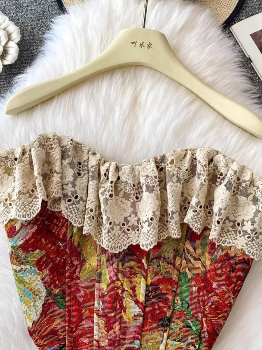 Foamlina American Ins Vintage Jacquard Pittura a olio Corsetto High Street Y2K Patchwork Pizzo Gilet sexy Canotta attillata attillata