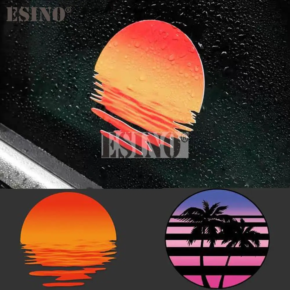Car Styling Creative Sunset and Coconut Tree Cartoon Adhesive PVC Decal Waterproof Car Body Glass Sticker Pattern Vinyl