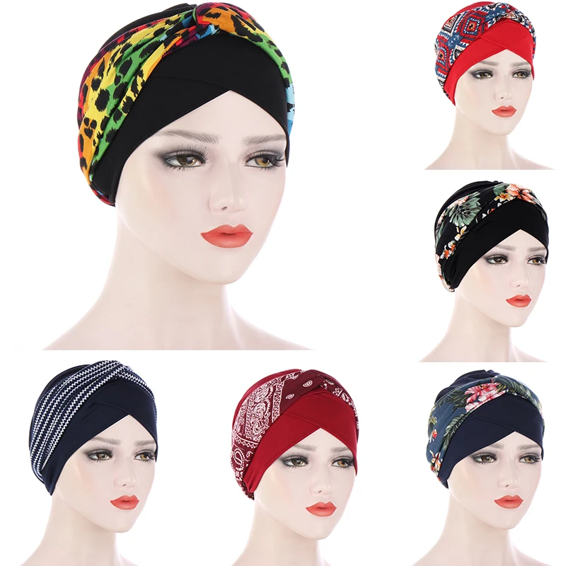 

Europe and The United States Fashion Hooded Turban Hat Printing Headband Hooded Dome Flower Turban Hat Muslim Ladies Turban