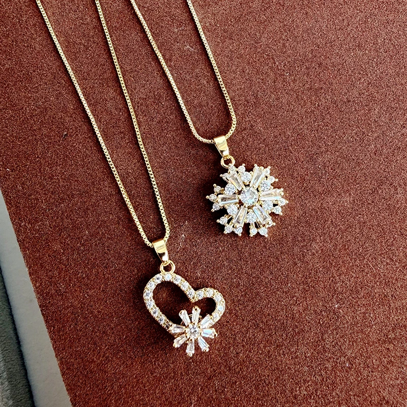 Goldfarbene Kette, herzförmige Auswahl, Schneeflocken-Anhänger-Halskette für Herbst/Winter, Damen-Modeschmuck, sexy Schlüsselbeinkette – Detail 3