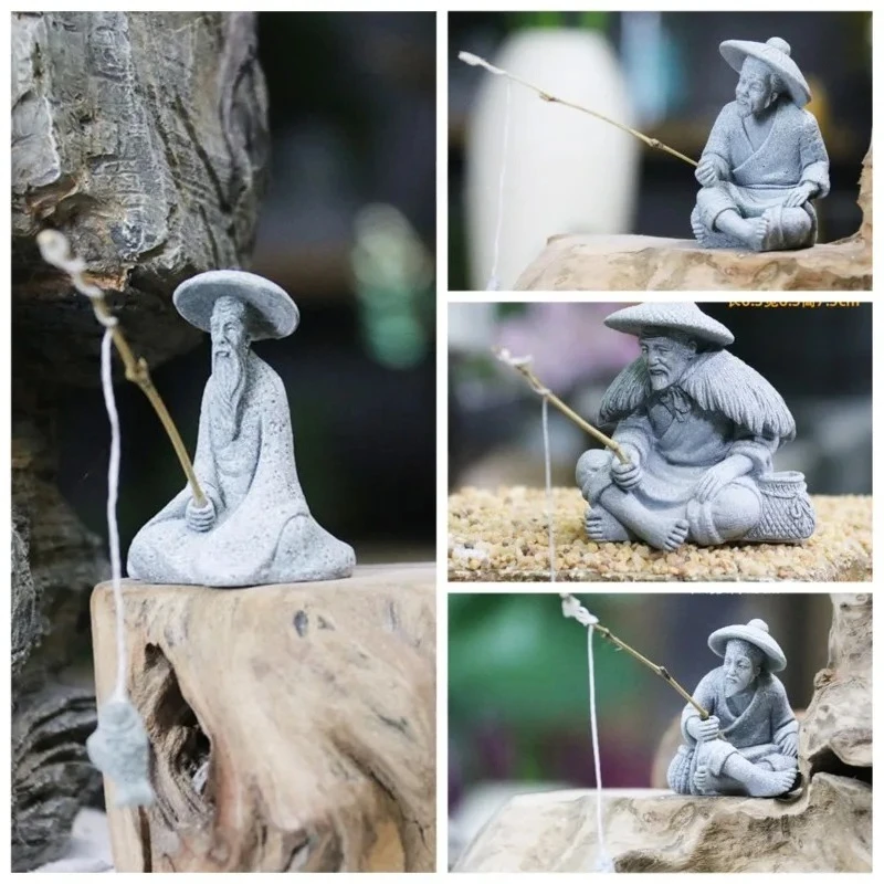 Fish Tank Garden Sitting Fishing Sandstone Vintage Ornament Aquarium Mini Fisherman Statue Asian Zen Decoration  Home Decor