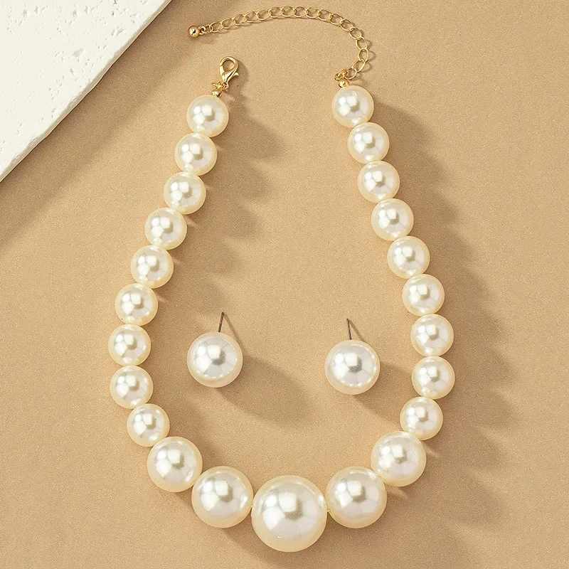 Imitation Pearl Necklace Earring Set For Women Stud Vintage Geometric Clavicle Chain Party Holiday Gift Fashion Jewelry DS004