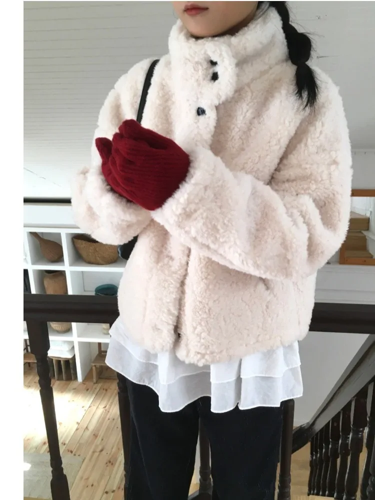 

Korean Sle Warm ort Lamb Fur Jaet Women's Winter Faion Stand Collar College Sle Top Small Size Trendy Clothes