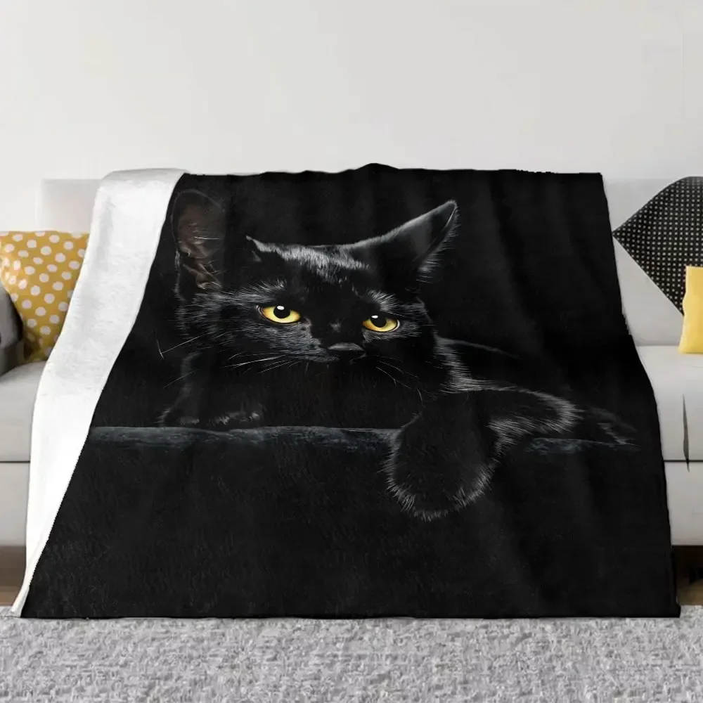 Black Cat Printed Throw Blanket - Glossy Textured Fleece, Dramatic Contrast Design, Perfect for Cozy Home Decor, Alert Relaxed C