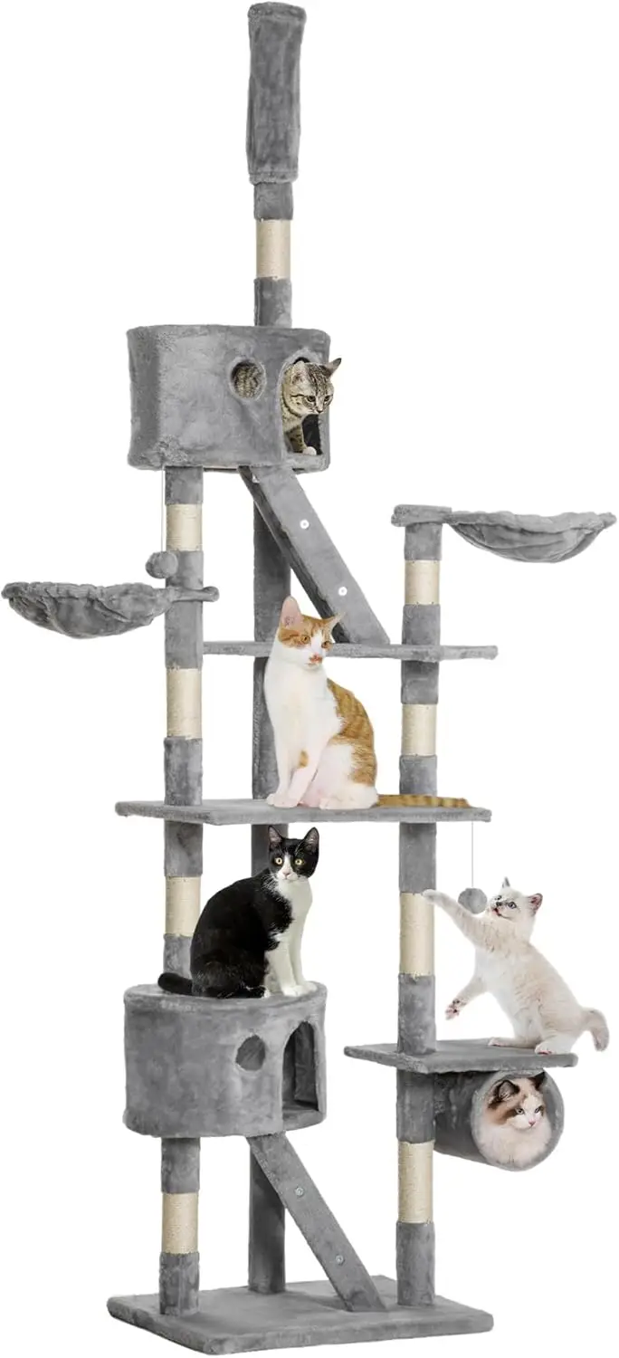 

Floor to Ceiling Cat Tree, 94.5-102.5 inch Adjustable Height Cat Climbing Tower with Scratching Posts, Condos, Hammocks,