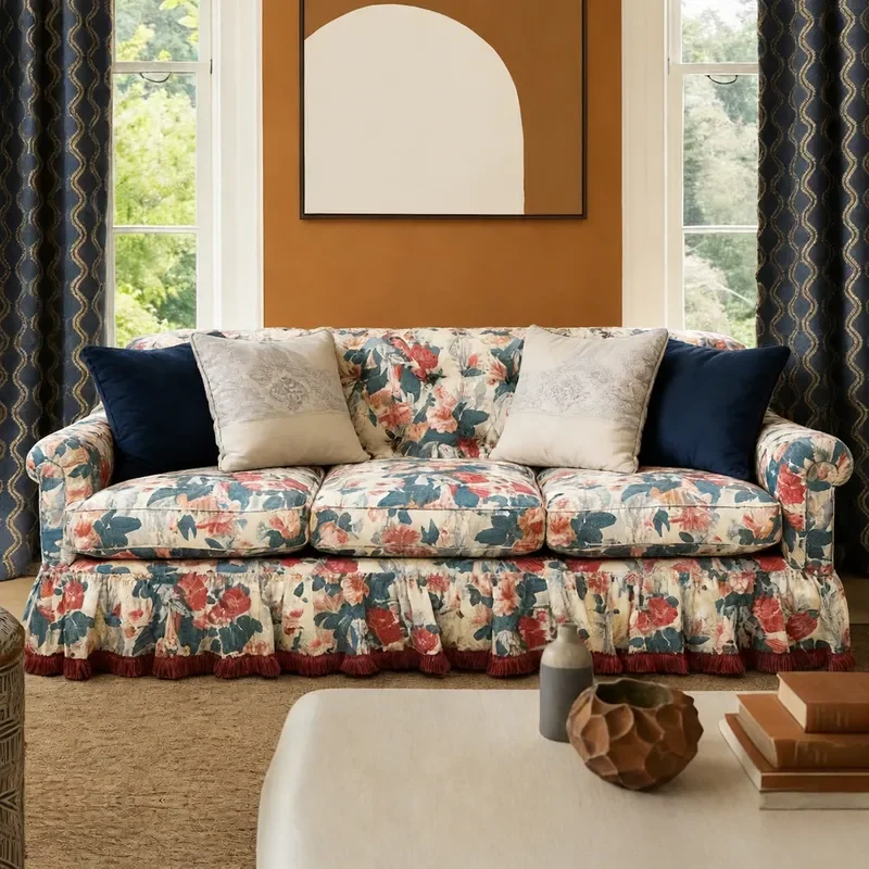 Printed Solid Wood Sofa Straight Living Room Furniture Large Retro Style Couch for Villa Homestay Comfortable Seating