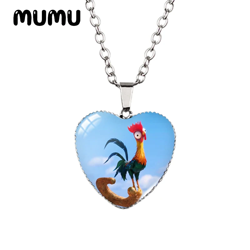 2024 New Princess Moana Heart Necklace Heihei Pua Glass Printed Photo Pendant Handmade Jewelry Gifts Children