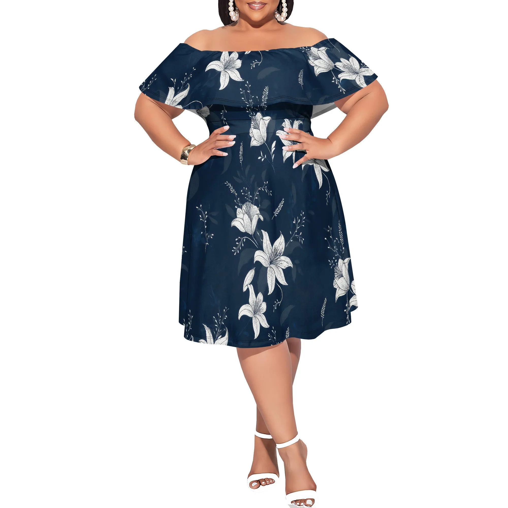 

Womens Off Shoulder Ruffle Floral Summer Wedding Guest Dresses A Line Shift Short Skater Dress with Belt