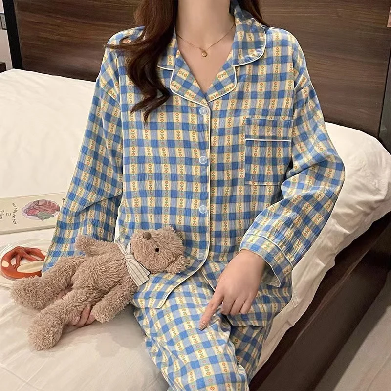 Blue Plaid Pajamas Set Women Retro Cloud Cotton Long Sleeves Long Pants Pj Casual Sleepwear Flower Pyjamas Cute Pijamas Cozy Pjs