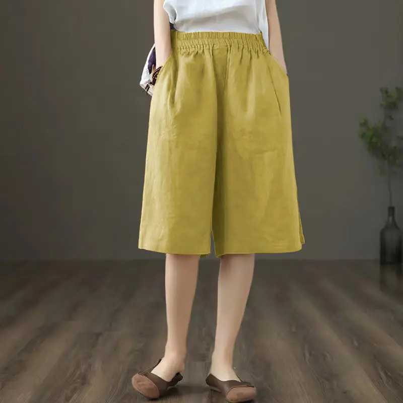 Women Summer Thin Simplicity Trend Loose Large Size Solid Color High Waist Wide Leg Women Clothes Casual Elegant Quarter Shorts