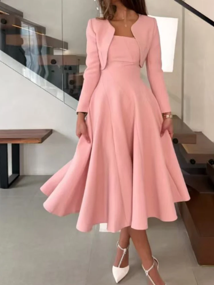 Spring and autumn 2025 new women's dress solid color long sleeve jacket +A word fluffy sling dress fashion two-piece suit.
