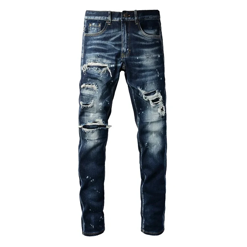 

2025 Autumn New Dark Blue Washed Vintage Whisker Patch Ripped Elastic Tapered Splatter Jeans