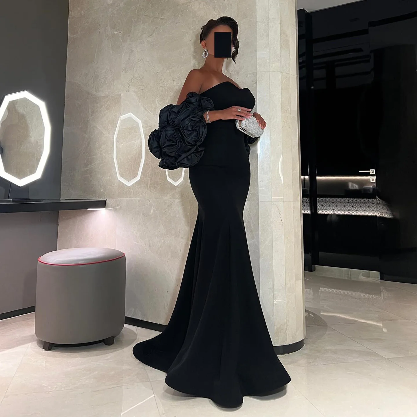 

Sharon Said Arabic Black Mermaid Evening Dress with puffy sleeve Strapless for Women Wedding Party Gown SF115 Customized