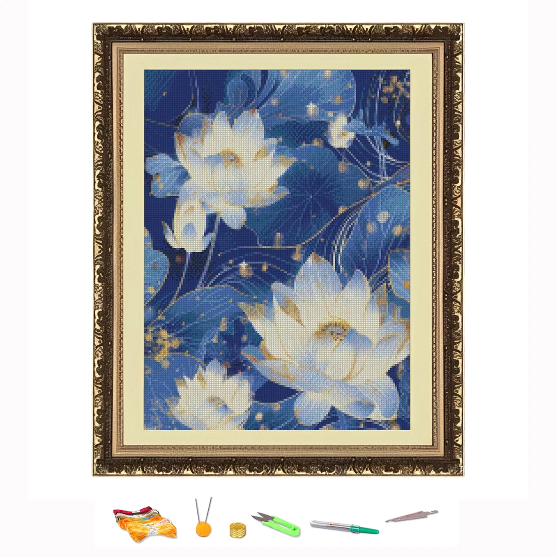 Cross Stitch Embroidery Kit White Lotus Flowers Landscape Thread Drawing DIY Needlework Kit Quantity Printed on Canvas11CT