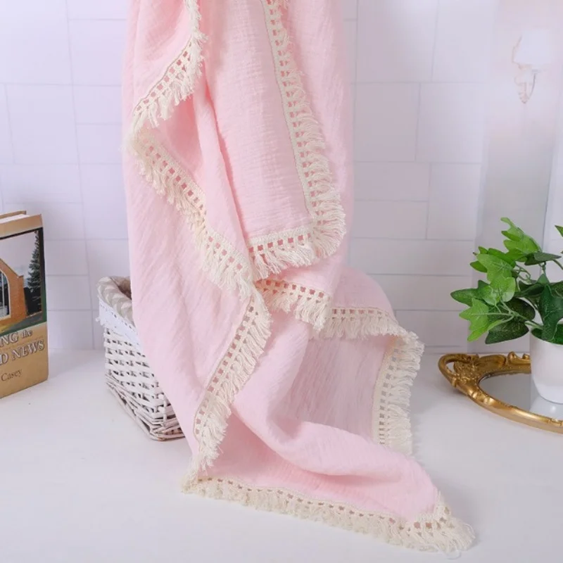 Cotton gauze embroidered blanket, crepecloth baby bag, lace tassel children's hugblanket