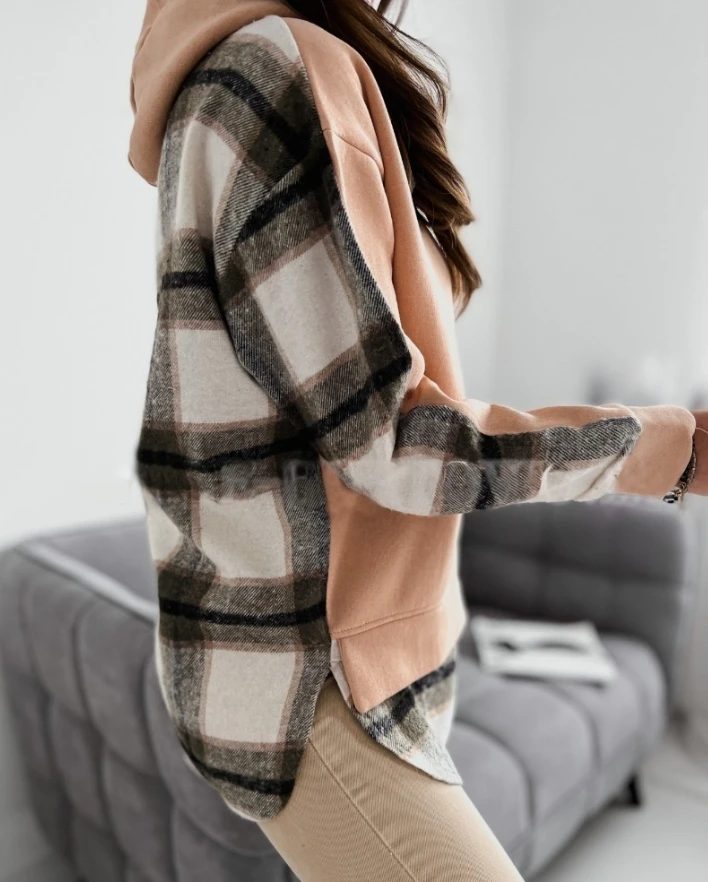 Women's Clothes New Fashion Pullover Top Autumn Colorblock Plaid Pattern Hoodie Side Slit Pullover Casual Sweatshirt with Brooch