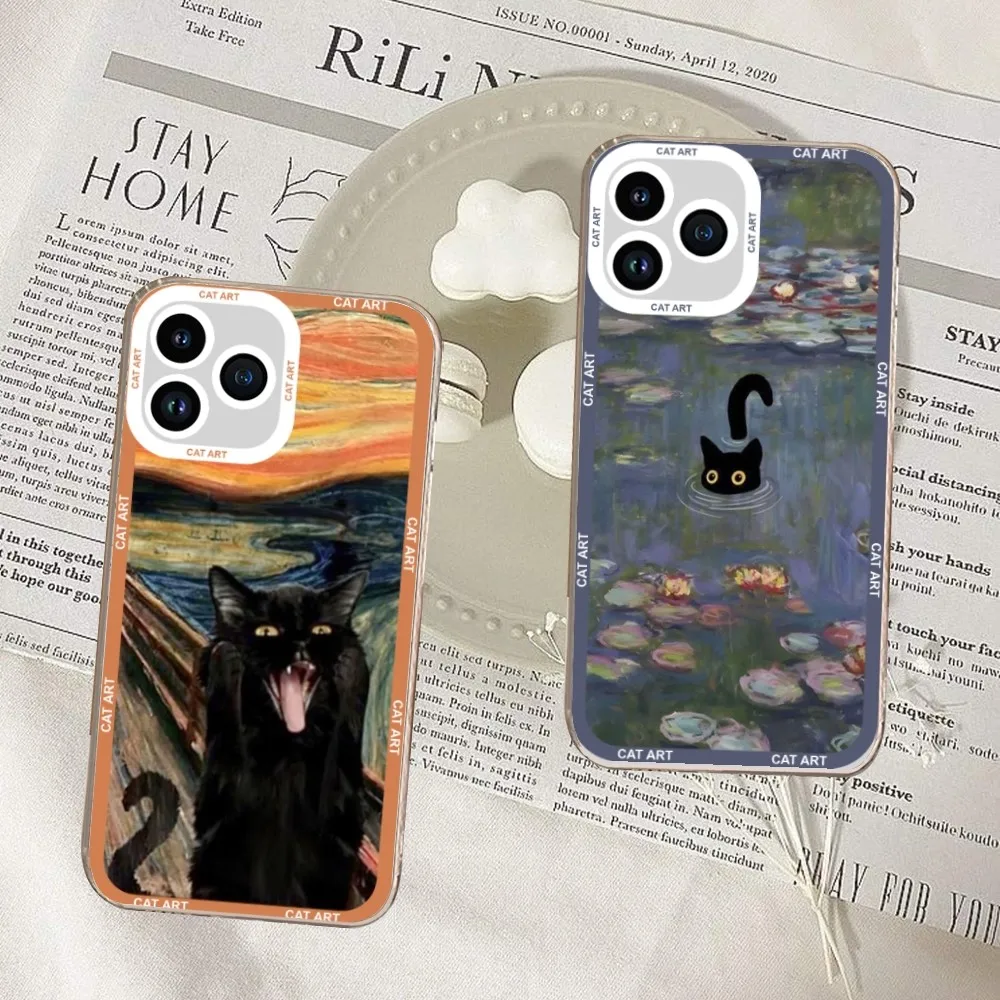 Claude Monet Van Gogh Funny Cat Art Phone Case For Samsung S20 S21 S22 S23 ULTRA PLUS LITE Transparent Shell