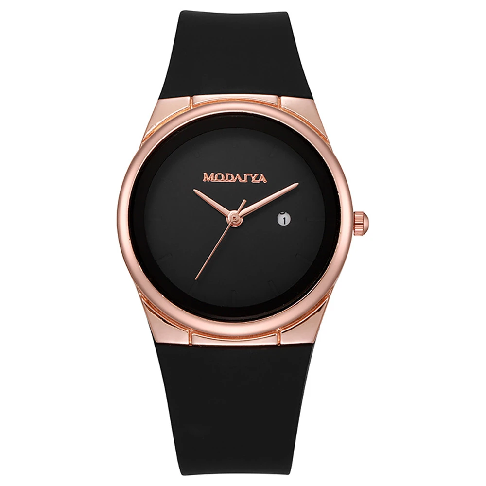 Simplicity 2023 Ladies Black Rose Gold Case Round Calendar Quartz Watch Fashion Silicone Strap Women\'s Clock Wristwatch