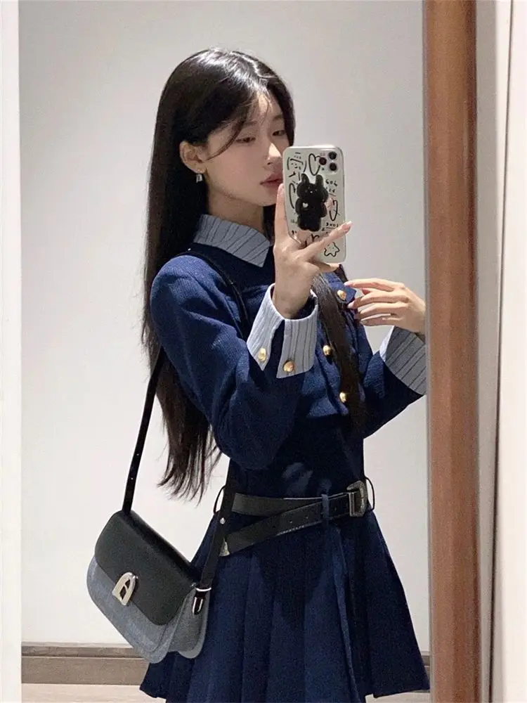 

Autumn Preppy Style Vintage Elegant Suits Women Y2k Belt Design Casual 2 Piece Sets Female Patchwork Chic Korean Popular Clothes