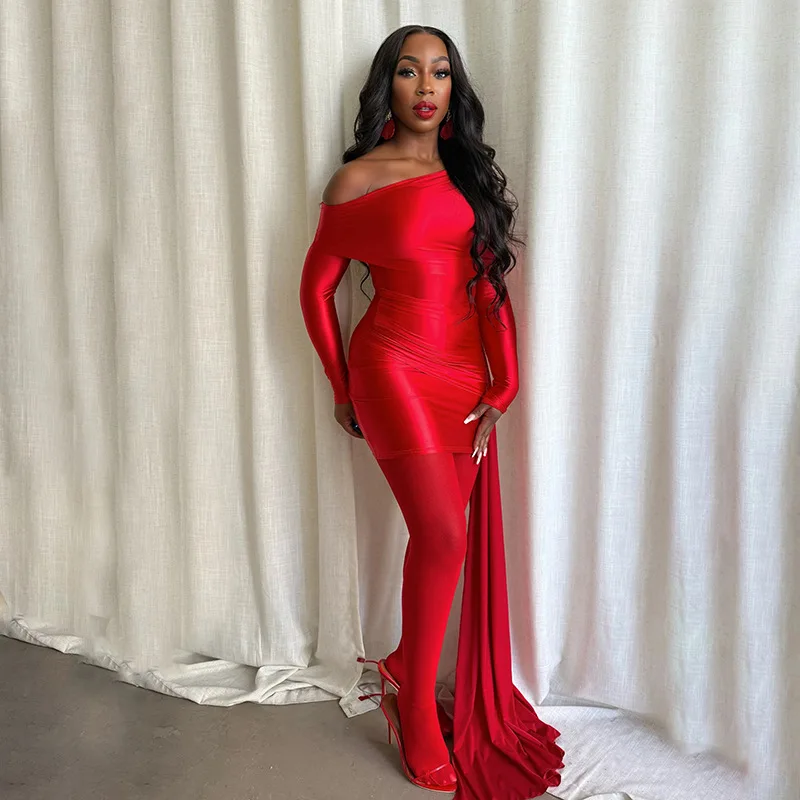女性用セクシーサイドリボンボディコンマキシパーティードレス、ラッフルラペル、斜め肩、長袖、スリム、誕生日、イブニングガウン、クラブウェア