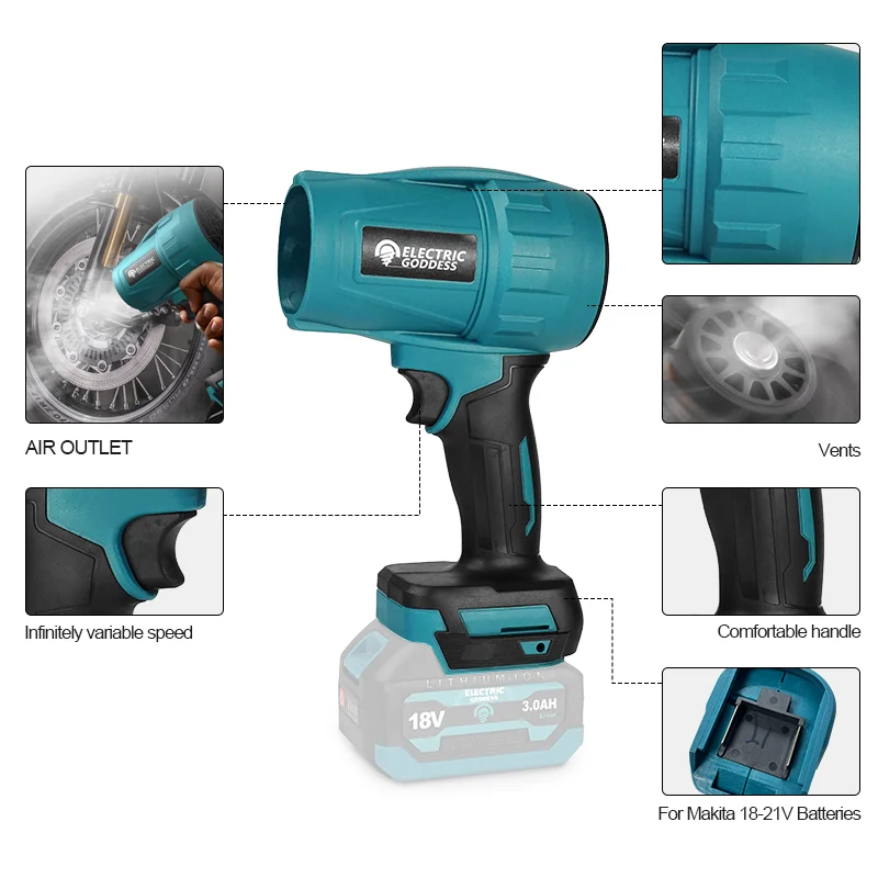 Electric Goddess 2000W 200M/S Cordless Turbo Fan Cordless Violent Handheld Dust Blowing Tool Air Blower for Makita 18V Battery