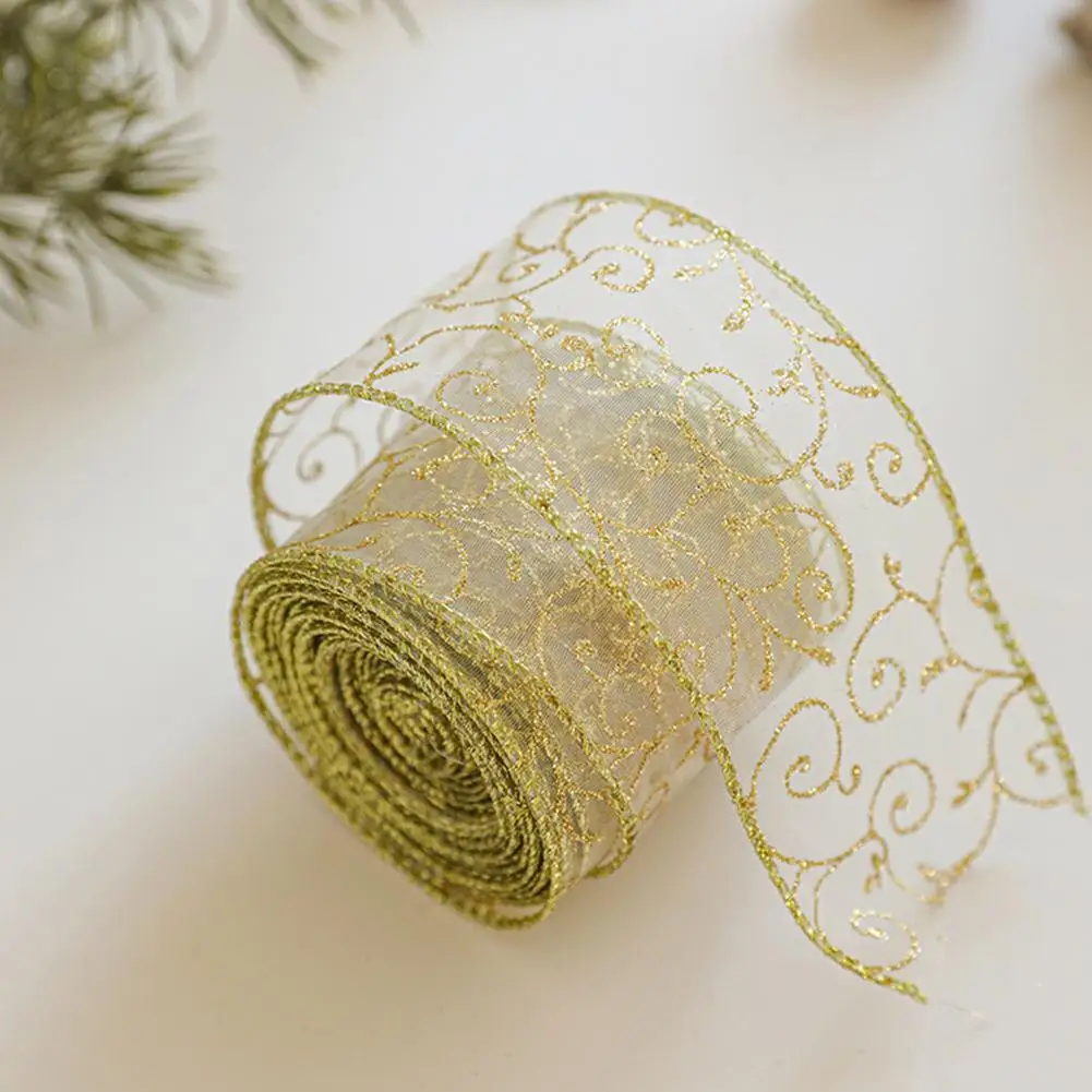 2m 2027 Christmas Ribbon Golden Silver Champagne Polyester Gliter Ribbon DIY Xmas Tree Bow Gifts Packing Navidad Home Decoration view 4