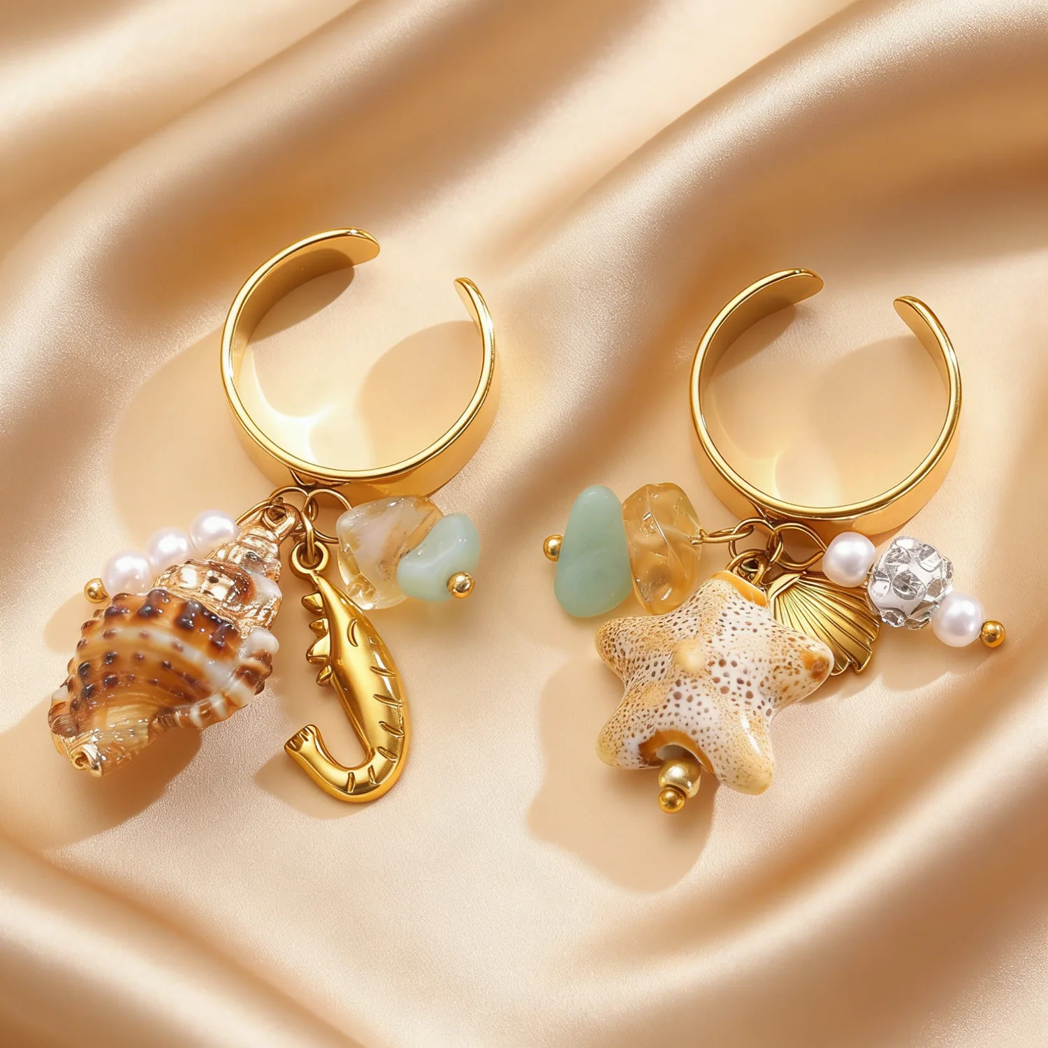 

Bohemian Vacation Style Starfish Conch Pendant Ring Stainless Steel Fashion Finger Jewelry