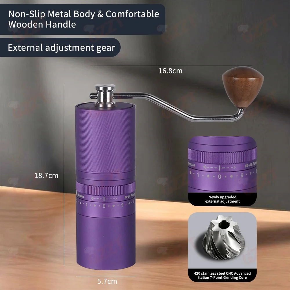 GZZT CGCYS38 Hand Crank Coffee Grinder 38mm CNC Stainless Steel 7-Core Burr Manual Coffee Bean Mill for Espresso Pour Over