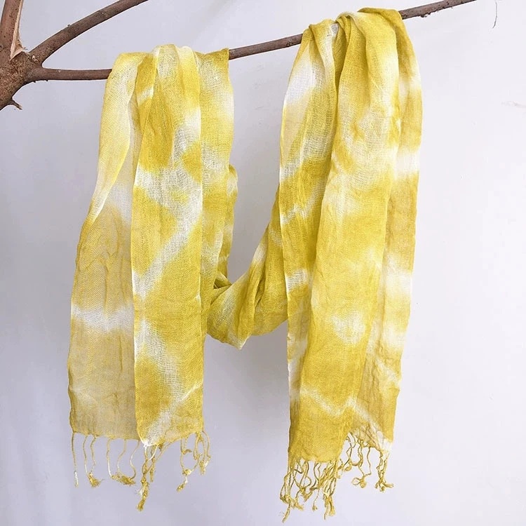 

Elegant Summer Pure Linen Scarf Tie-Dye Shawl Beach Sunscreen Linen Scarf Long Sun Protection Tassel Scarves