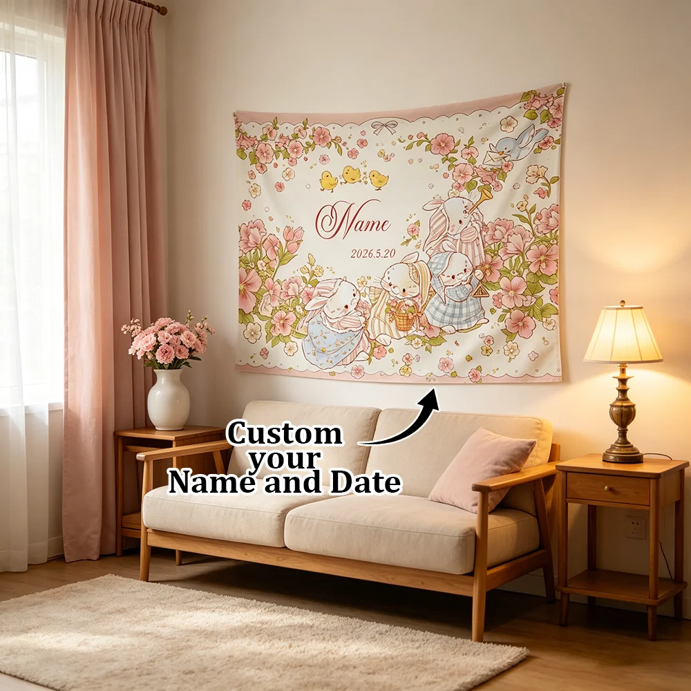 1PC Personalized Easter Bunny Floral Tapestry Custom Name Date Pink Rabbit Chick Spring Wall Hanging Party Backdrop Decor Gift