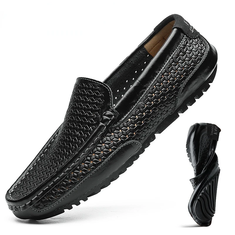 

2023 Black Genuine Leather Men's Casual Loafers Moc Toe round Closure Laces Spring Fashion Men's Shoes Rabbit Fur Lined