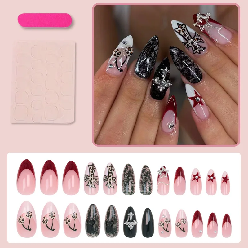 24PCS 3D three-dimensional leopard print cherry cross necklace manicure suitable for girls with a strong sense of coolness