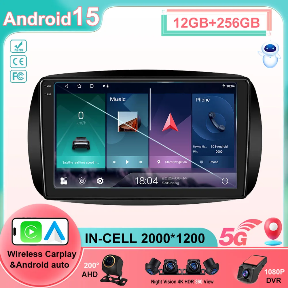 For Mercedes Benz Smart 453 For two 2014 - 2016 Car Radio Android 15 Carplay Autoradio Multimedia Player QLED  Stereo Headunit