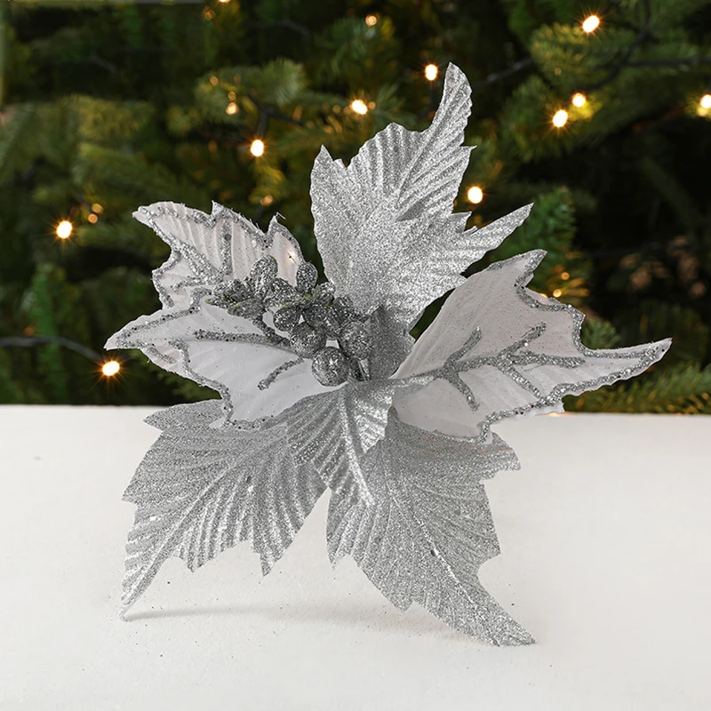 Christmas Poinsettia Glitter Flower Christmas Tree Decorative Flowers Ornaments For Home New Year Christmas Party Decoration